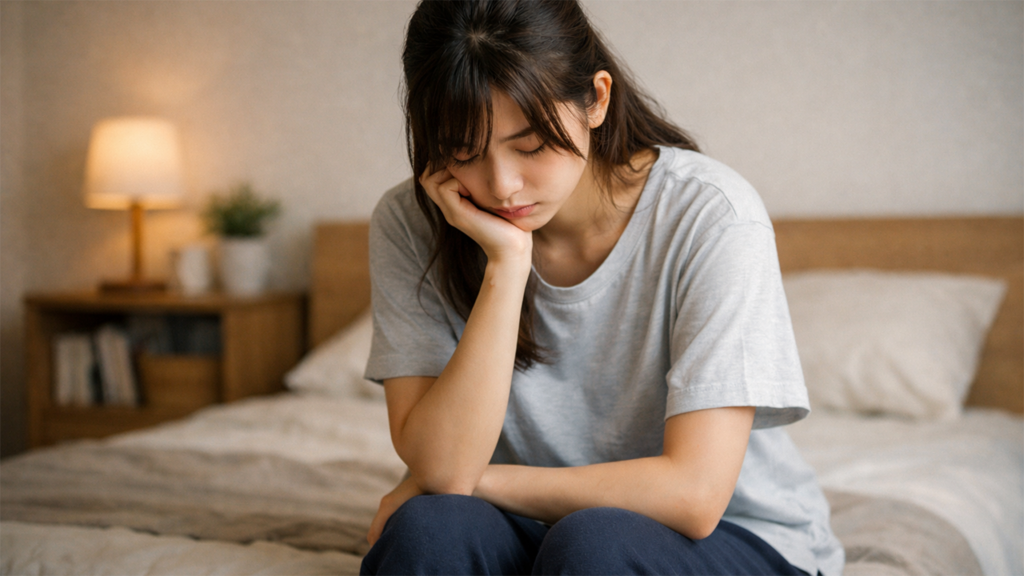 自室で俯いている女性