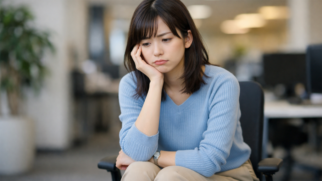 不安な表情で考えごとをしている