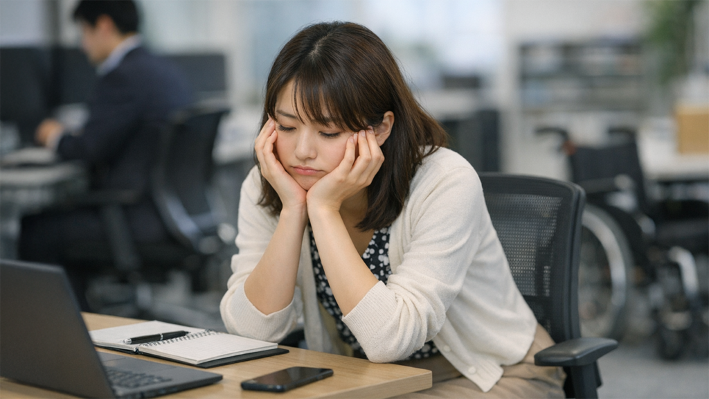 社内で退屈そうにうなだれている女性