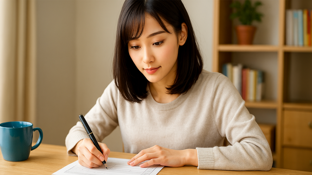 履歴書を書いている女性