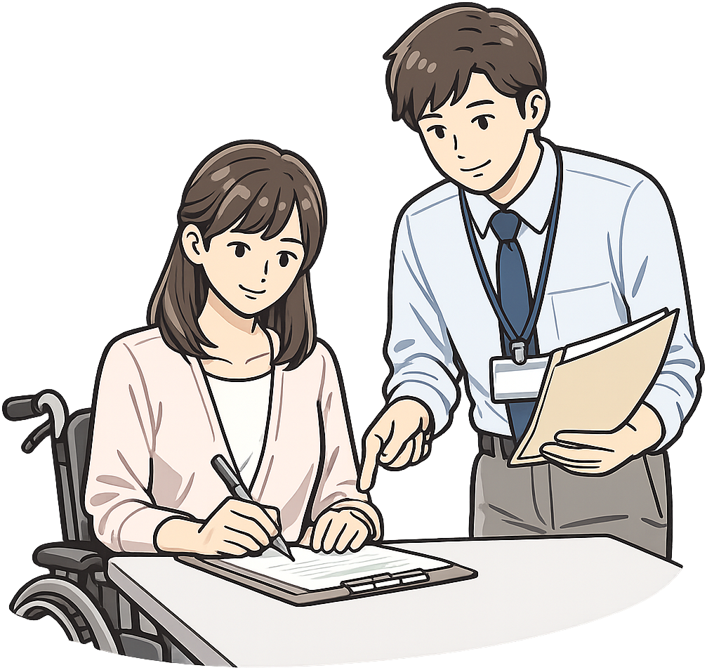 サポートを受けて書類を作成している障害者の女性