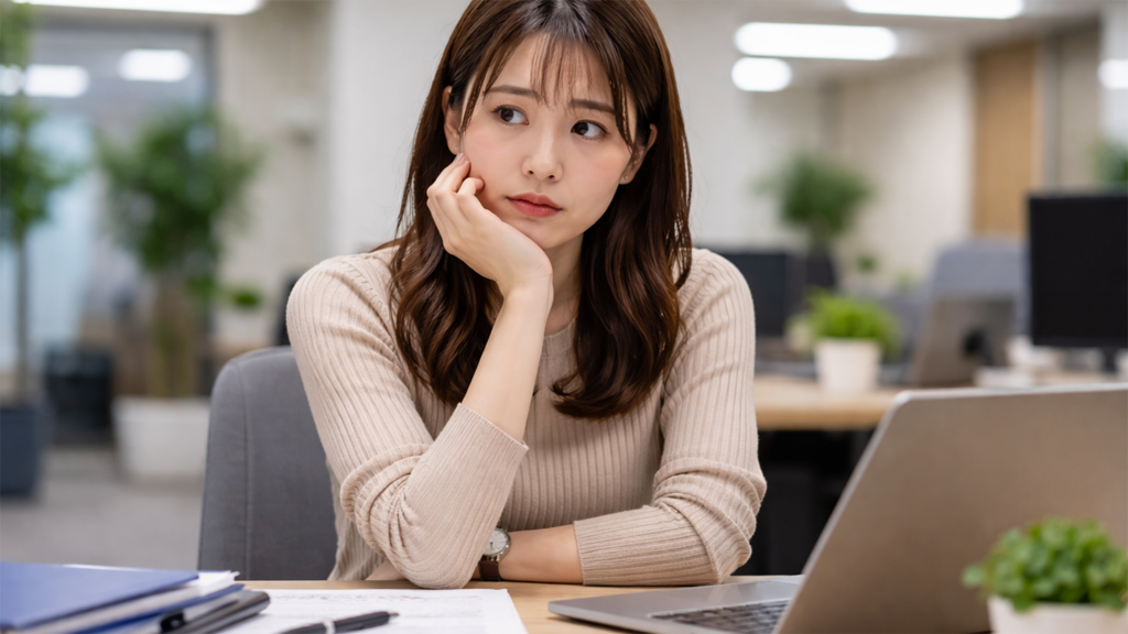 不安な表情で考えごとをしている女性